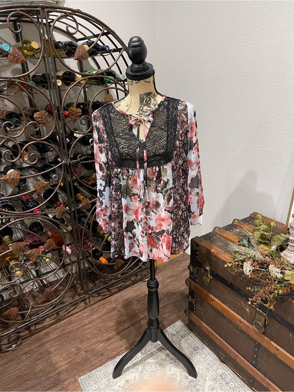 Iz Byer Floral Blouse with Black Lace Trim